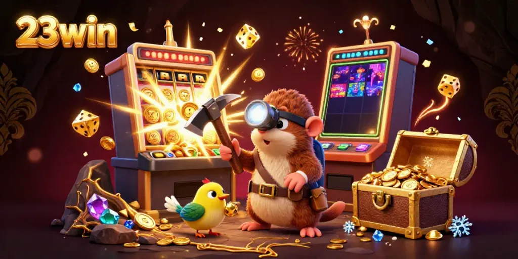 Experience thrilling action at 23win with a treasure hunter mole in a dazzling casino scene