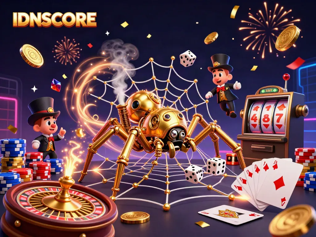 IDNSCORE showcases a vibrant 3D gaming scene with golden spider, casino elements, and confetti.