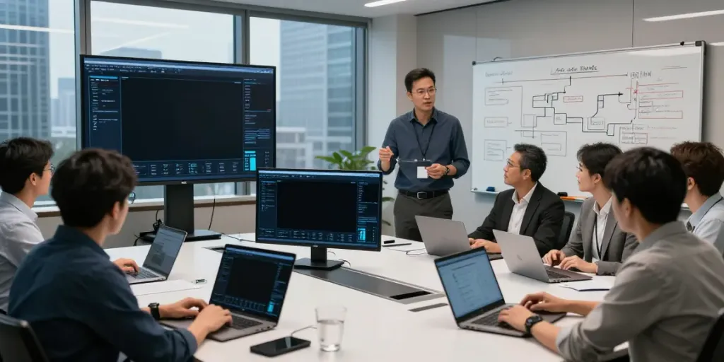 Team discussing enterprise AI strategies in a modern office.