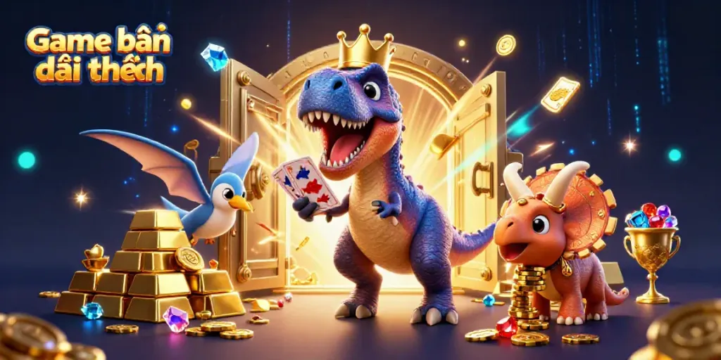 Engaging scene of Game bắn cá đổi thưởng featuring T-Rex shuffling game cards among underwater treasures.