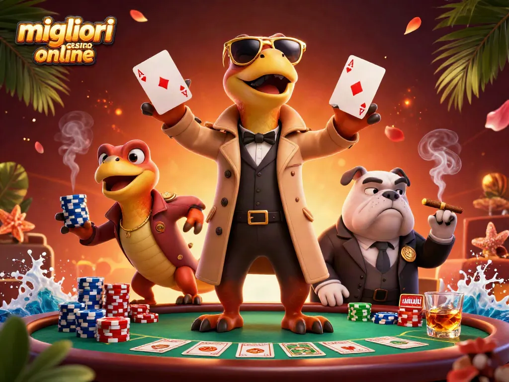 Migliori casino online: tre rapaci che cercano di entrare in una sala VIP, circondati da elementi di gioco.