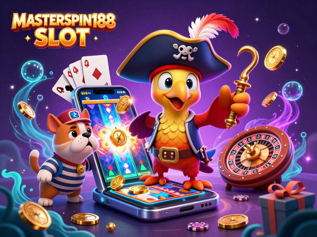 Engage with the vibrant MASTERSPIN188 SLOT game, featuring a lively pirate-themed 3D illustration with gaming elements.