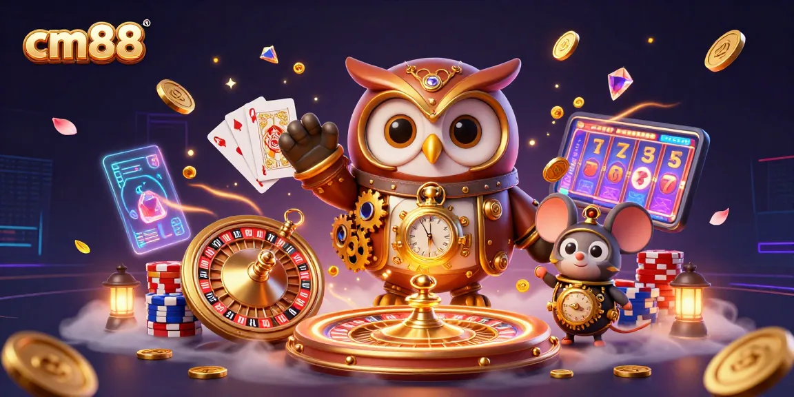 Win big with cm88's immersive games featuring a steampunk owl and casino elements.