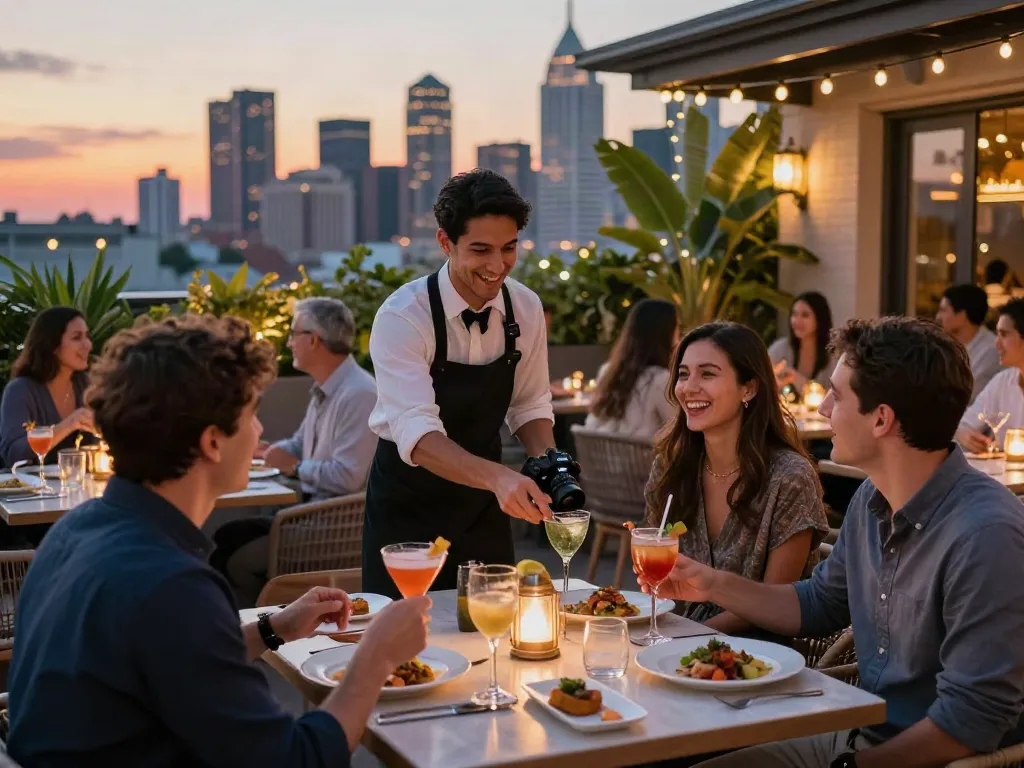 Dining at NoHu rooftop restaurant, guests enjoying skyline views with craft cocktails.