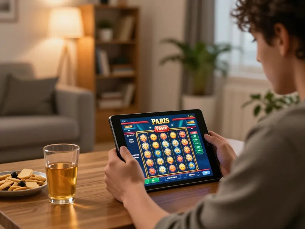 Engaging in slot paris gameplay on a tablet in a cozy, inviting home setting.