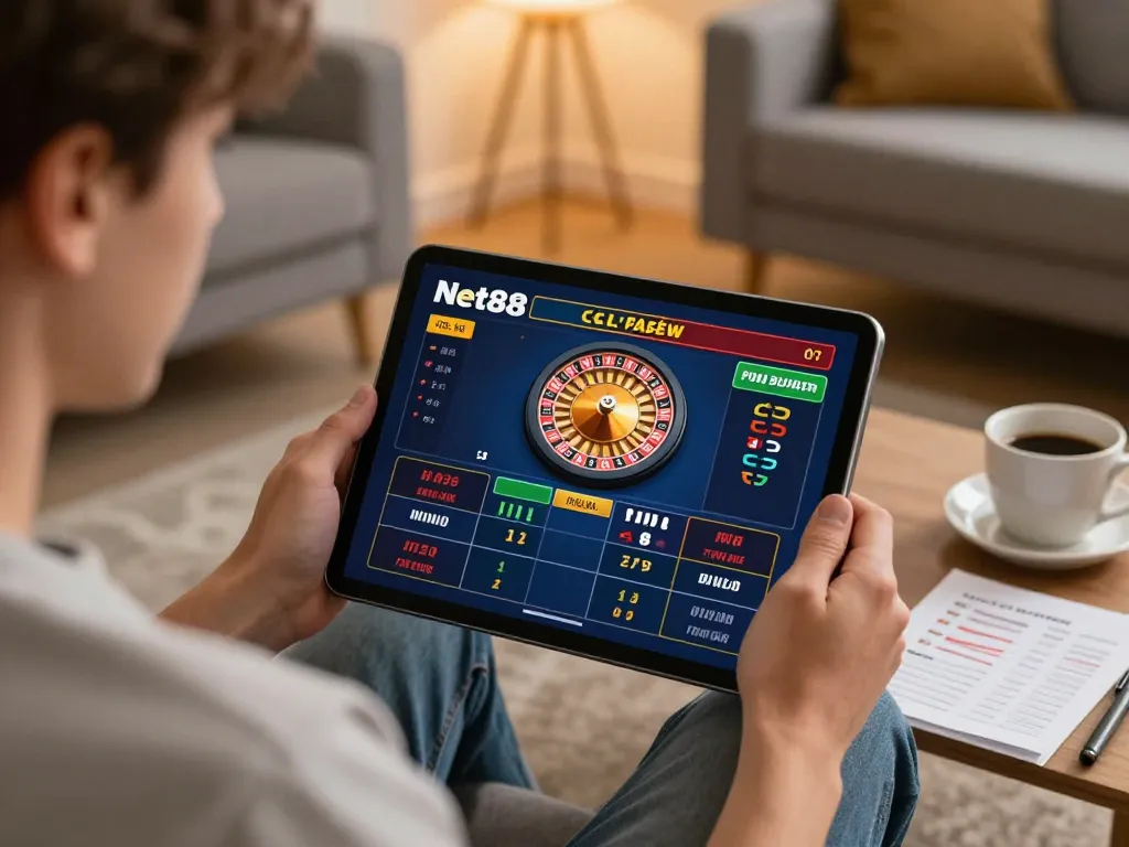 Engaging in live Net88 online casino gaming with a vibrant roulette wheel displayed on the tablet