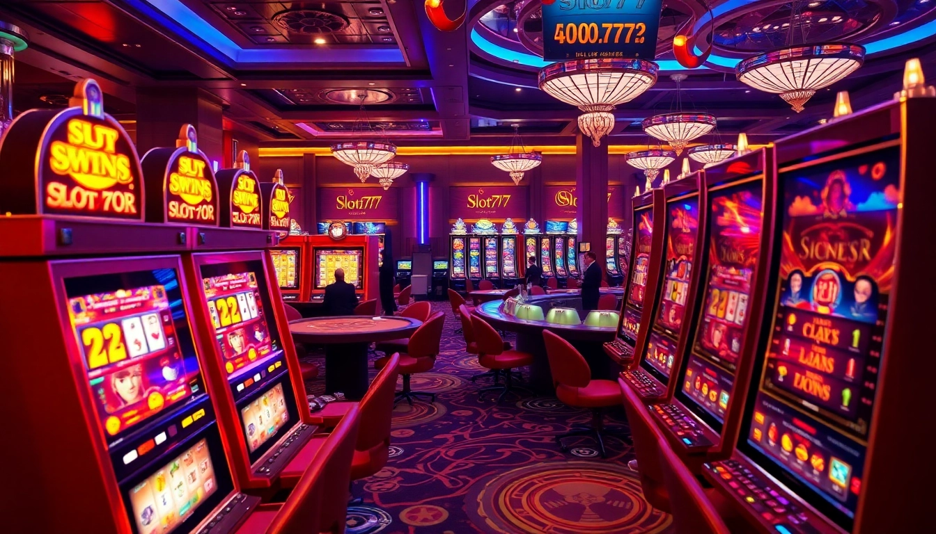 Experience the thrill of winning at slot777 with vibrant slot machines and excited players in a luxurious casino.
