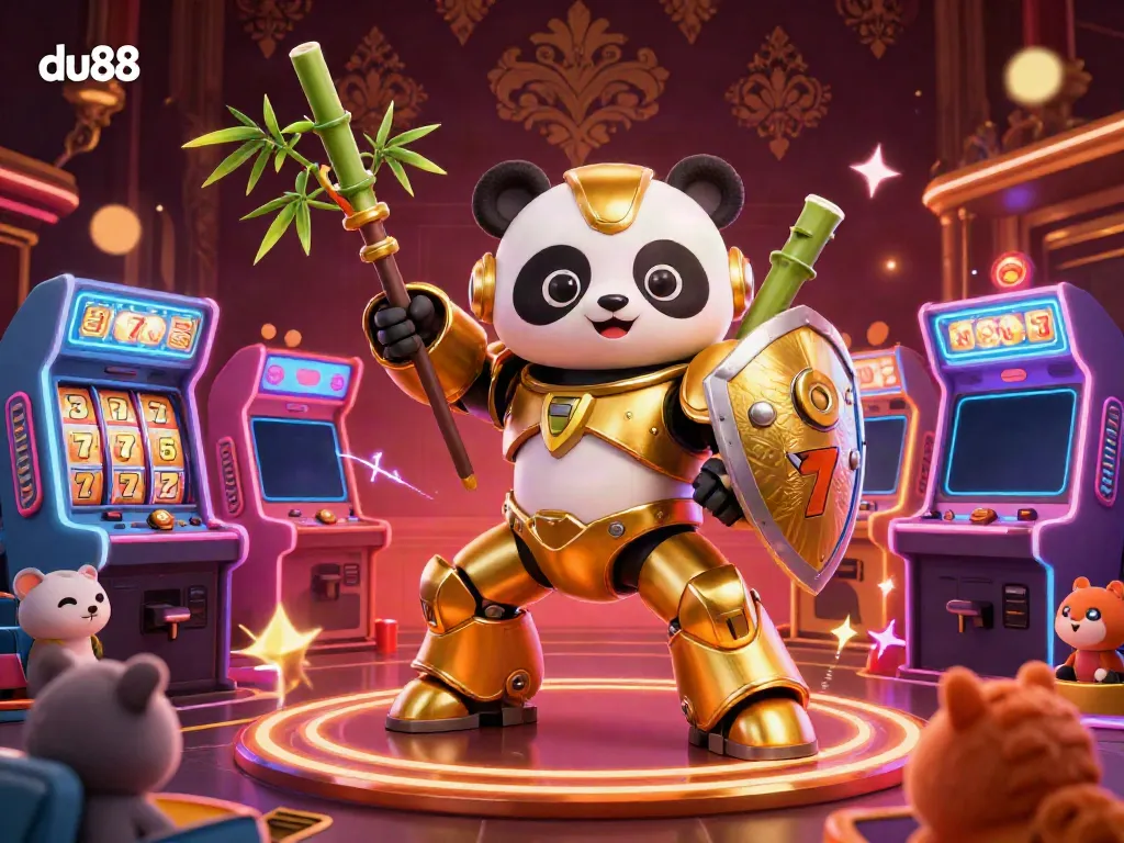 Engage with exciting gameplay at du88 as a golden panda in mech-suit battles in a vibrant casino.