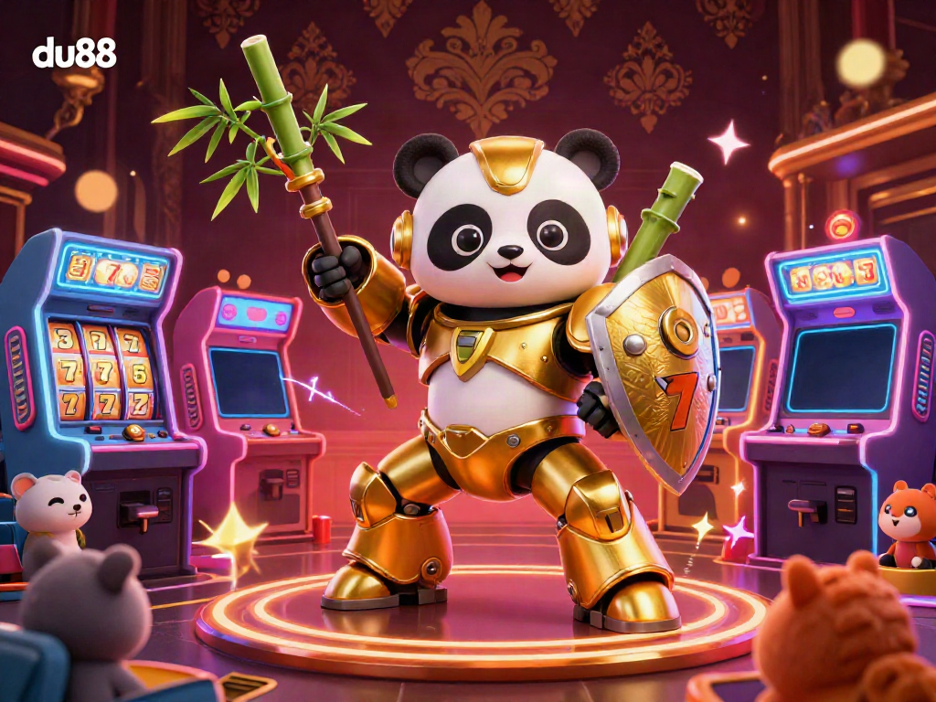 Engage with exciting gameplay at du88 as a golden panda in mech-suit battles in a vibrant casino.