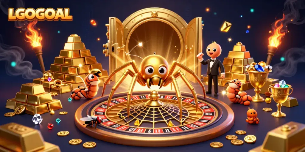 Engage in the excitement of LGOGOAL with a vibrant casino illustration showcasing a golden spider and thrilling gaming elements.