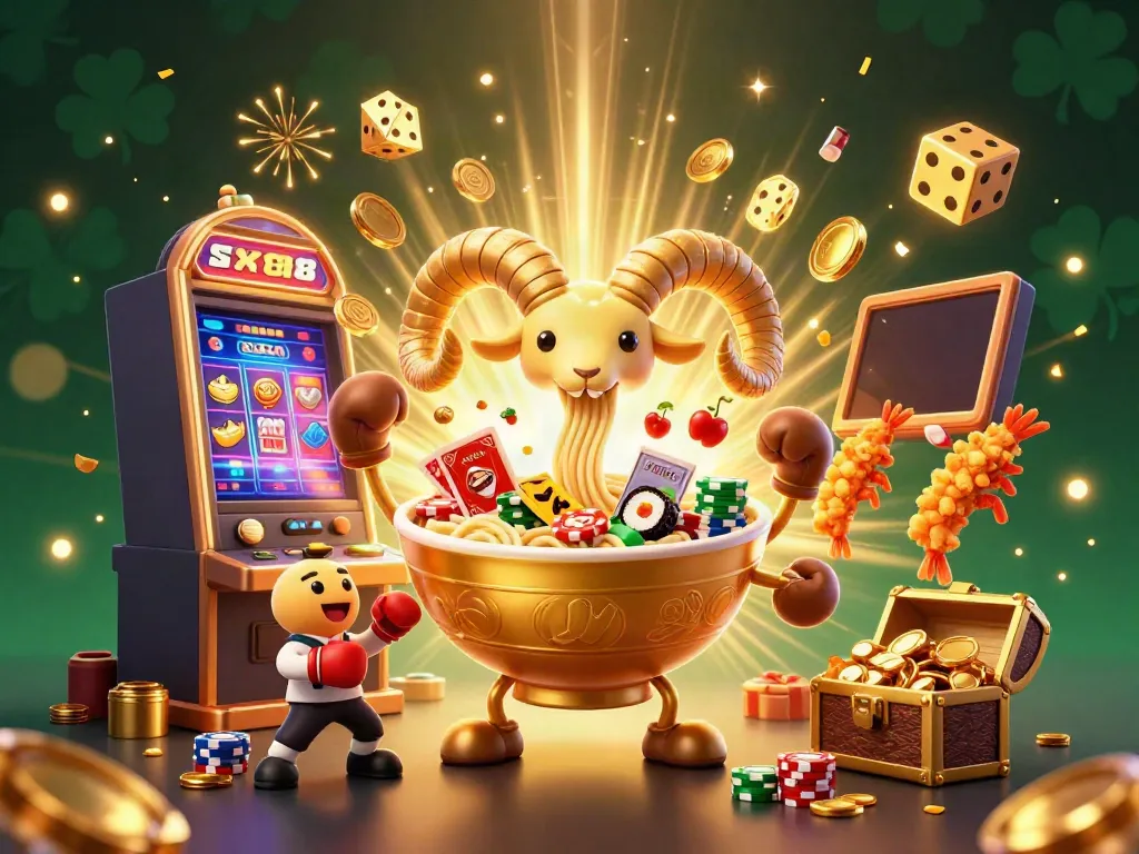 SX88 platform showcasing a vibrant dynamic casino scene with cheerful characters and a magical slot machine explosion.