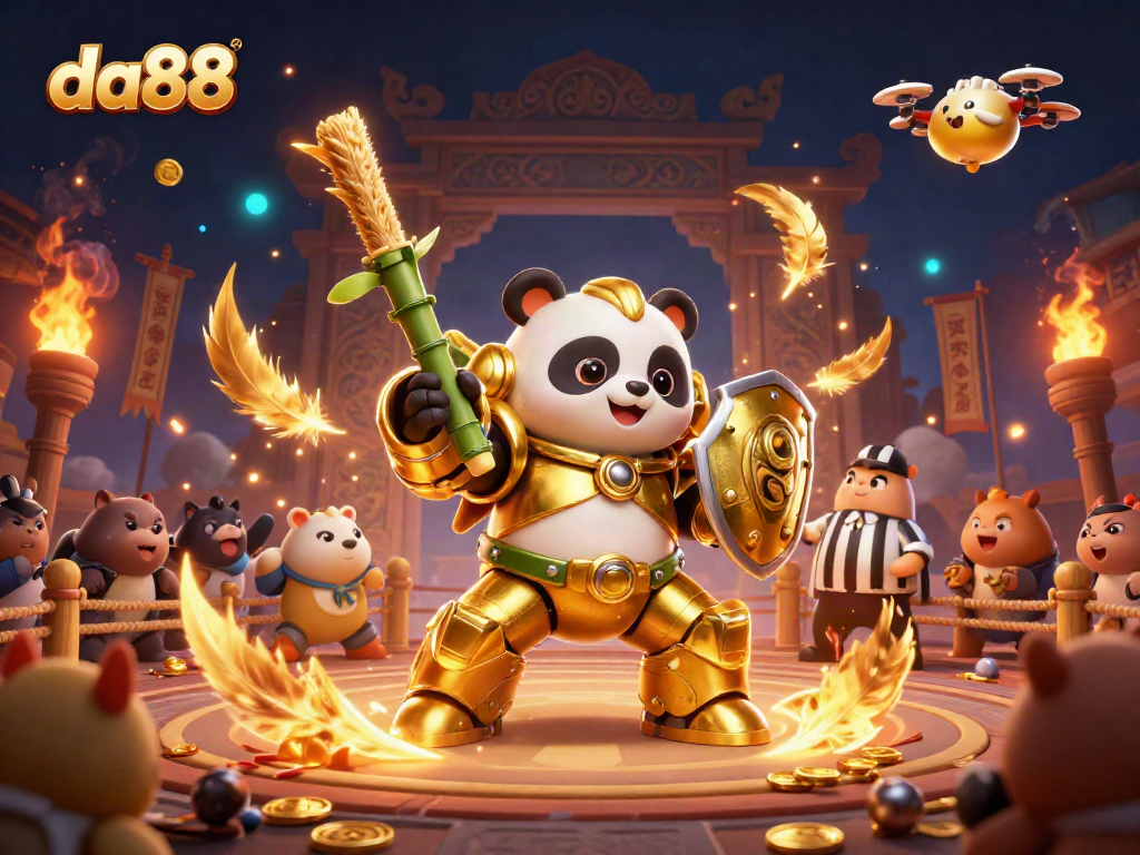 Experience the thrill of da88 with a golden panda mech battling in a vibrant gambling arena.