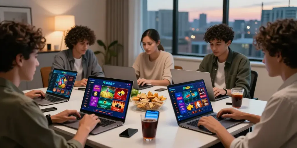 Online players enjoying gaming at https://fabet.com.mx/ in a stylish home office.