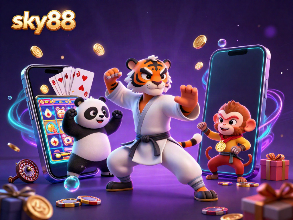 Engage with the excitement of sky88, featuring a kung fu tiger master and vibrant casino elements.