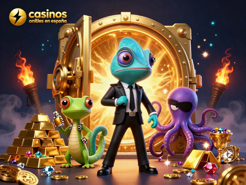 Ilustra casino con personajes y elementos que destacan los casinos online fiables en España, con brillantes tesoros.