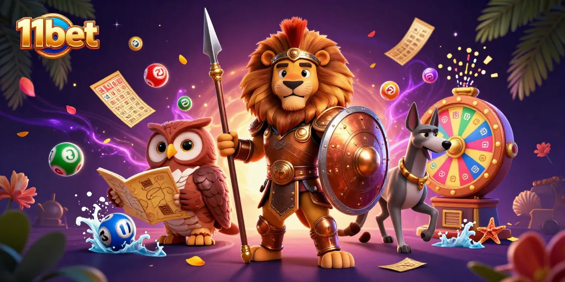 11bet offers thrilling action with vibrant lottery elements and dynamic gaming characters.