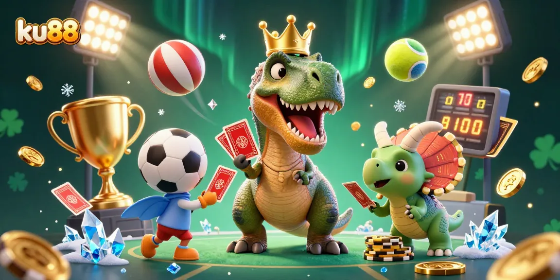 ku88 demonstrates exciting sports betting with a playful T-Rex, cards, and chips while showcasing thrilling action
