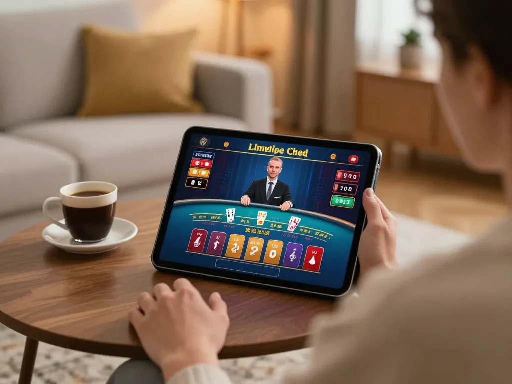 Engaging live dealer blackjack gaming experience with CM 88 on a tablet in a cozy setting