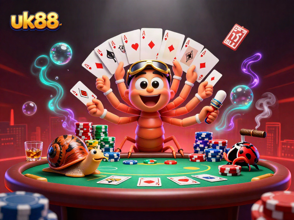 Experience the lively atmosphere of uk88 with a whimsical casino scene featuring a cartoon millipede dealer and vibrant gaming elements.