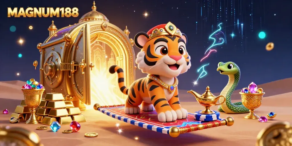 Experience the thrill of MAGNUM188 with a captivating 3D scene featuring a tiger sultan on a poker chip carpet, surrounded by treasures and wonders from the casino world.