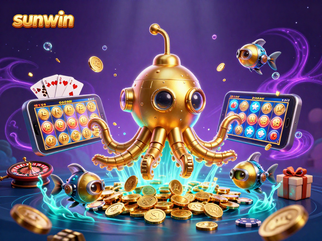 Sunwin's immersive casino experience, featuring a kraken submarine and colorful slot action.