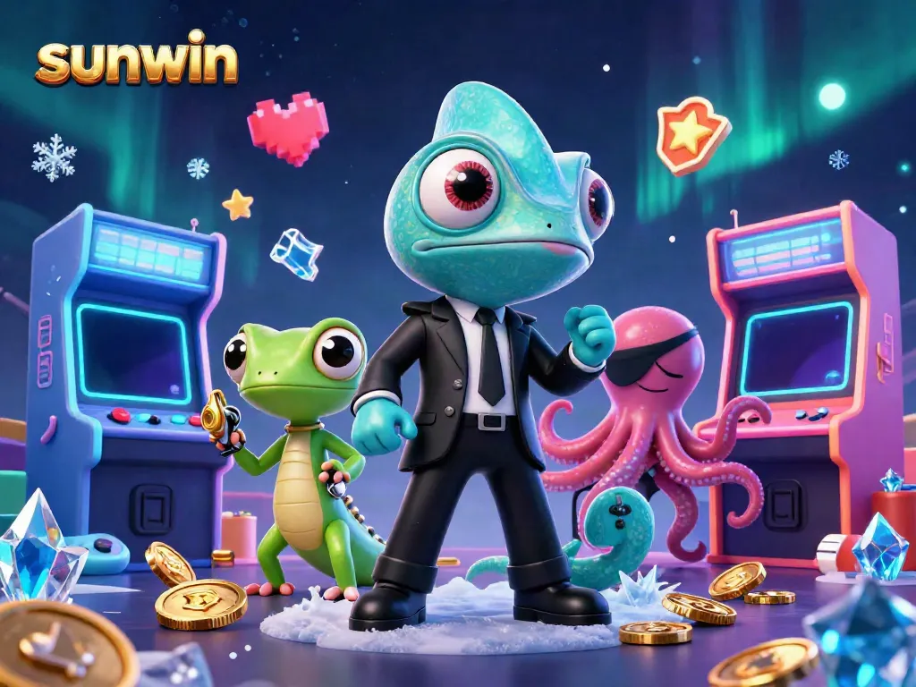 Experience thrilling gameplay with sunwin in a vibrant 3D casino illustration featuring colorful game elements.