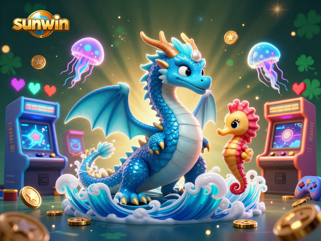 Experience thrilling gaming action with sunwin, featuring an azure water dragon and vibrant arcade machines.