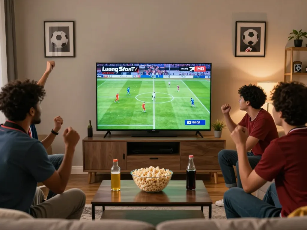 Excited fans enjoying a live football match on LuongSonTV in a cozy setting.