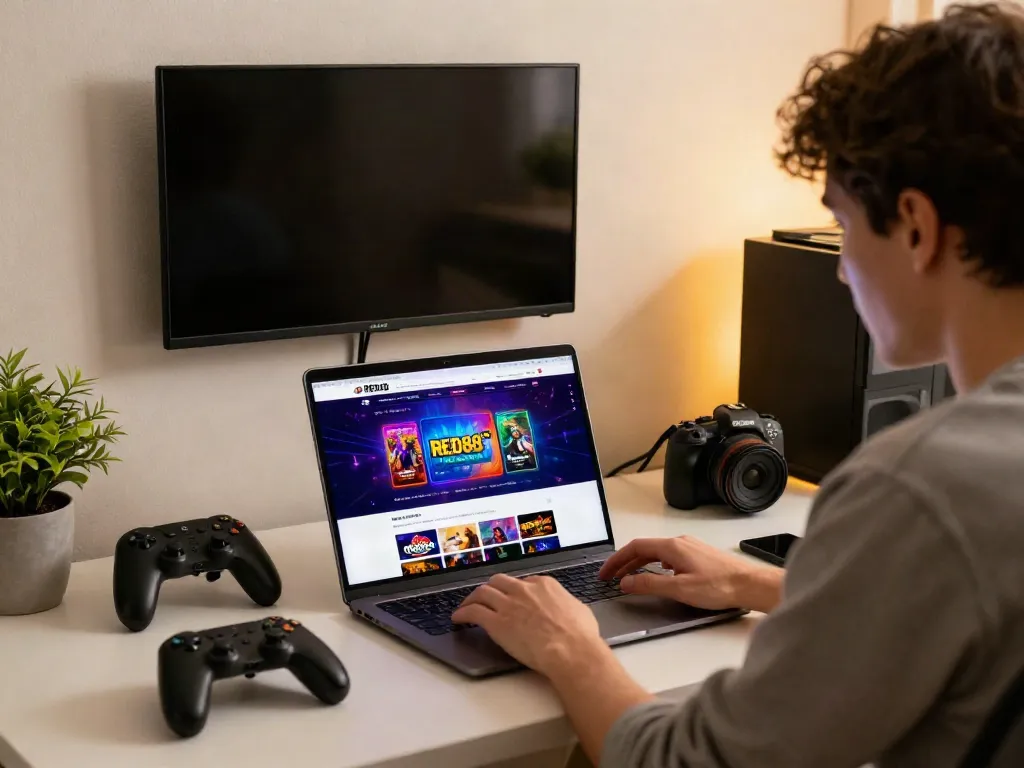 Engaging user navigating the RED88 online gambling platform, showcasing vibrant gaming experience.