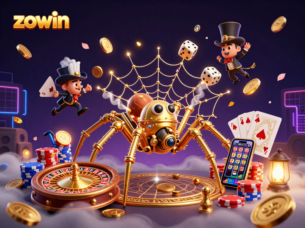 Zowin's vibrant illustration showcasing a steampunk spider weaving a golden web with casino elements.