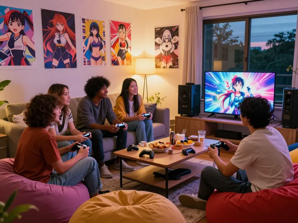 Group enjoying a hentai game together in a cozy living room with gaming consoles and snacks.