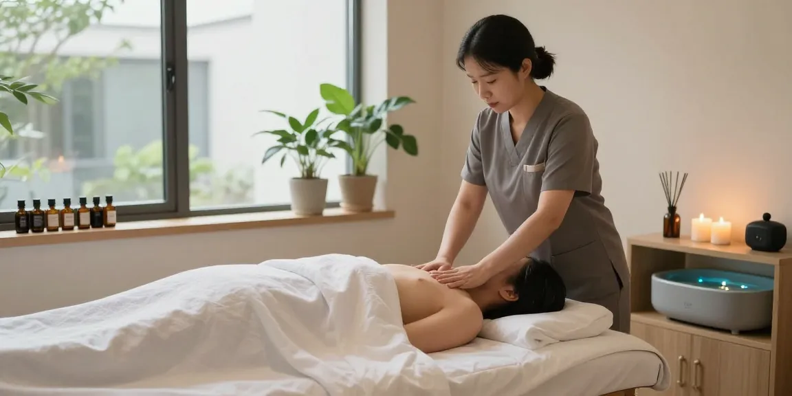 Relaxing 남양주출장마사지 session in a tranquil studio, therapist soothing client.