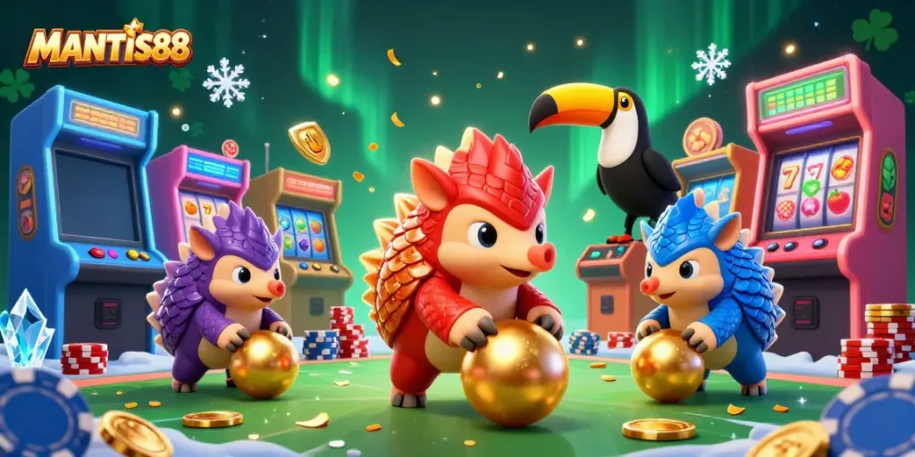 Experience lively gameplay action with MANTIS88 as rival pangolins roll through poker chips and slot reels.