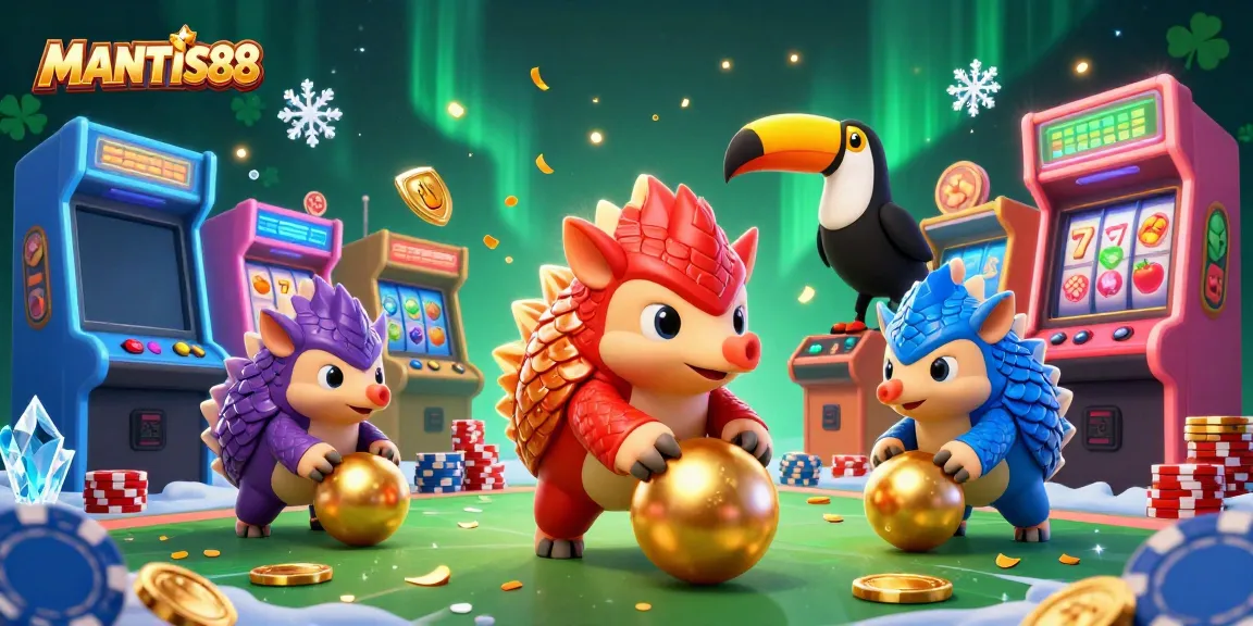 Experience lively gameplay action with MANTIS88 as rival pangolins roll through poker chips and slot reels.