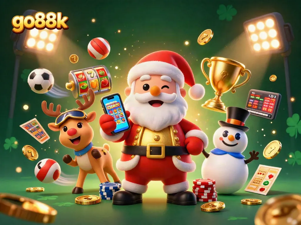 Experience go88k's thrilling jackpot slots with festive characters in a lively casino illustration.
