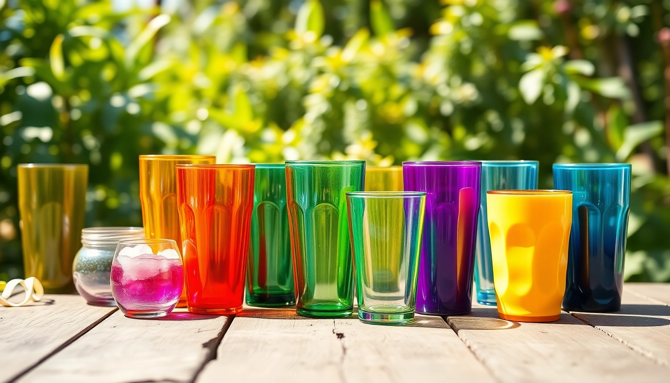 Tumblers arranged beautifully on a wooden table, showcasing colorful designs in natural light.