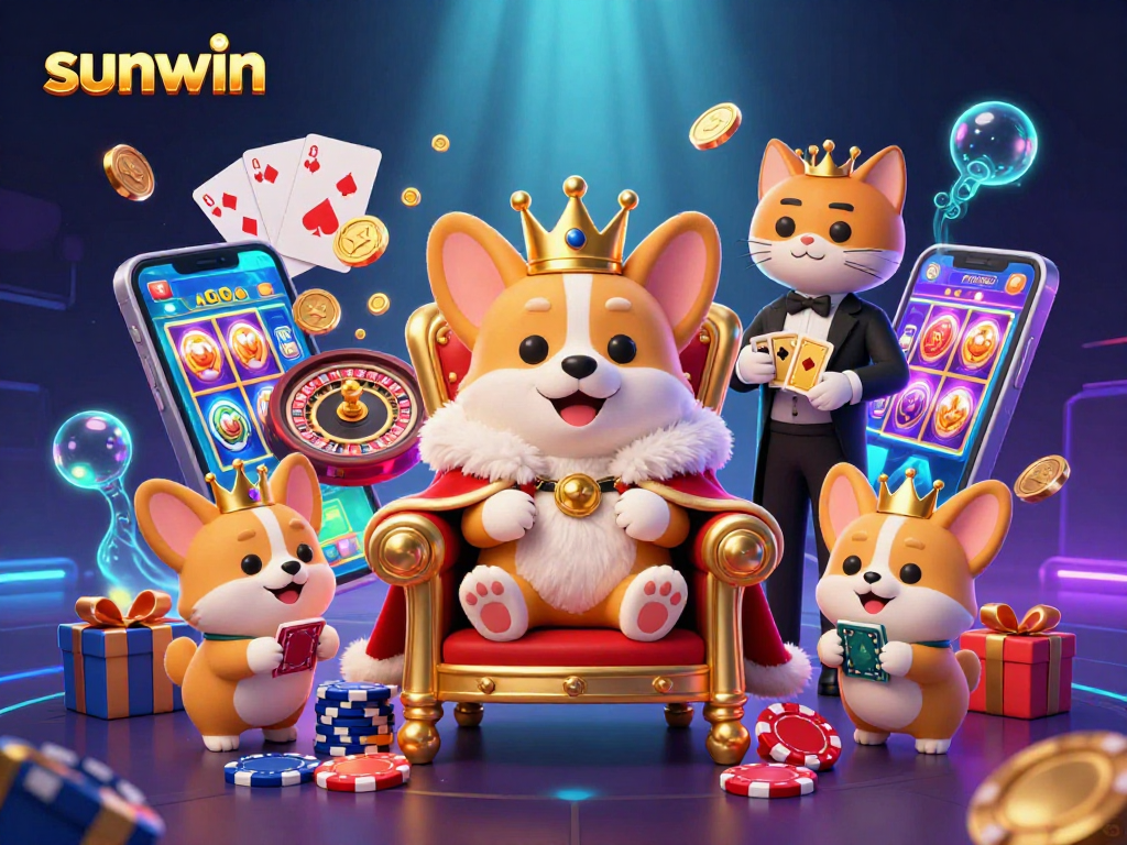 Engage with sunwin's amazing slot games and vibrant casino ambiance, featuring a royal corgi throne scene.