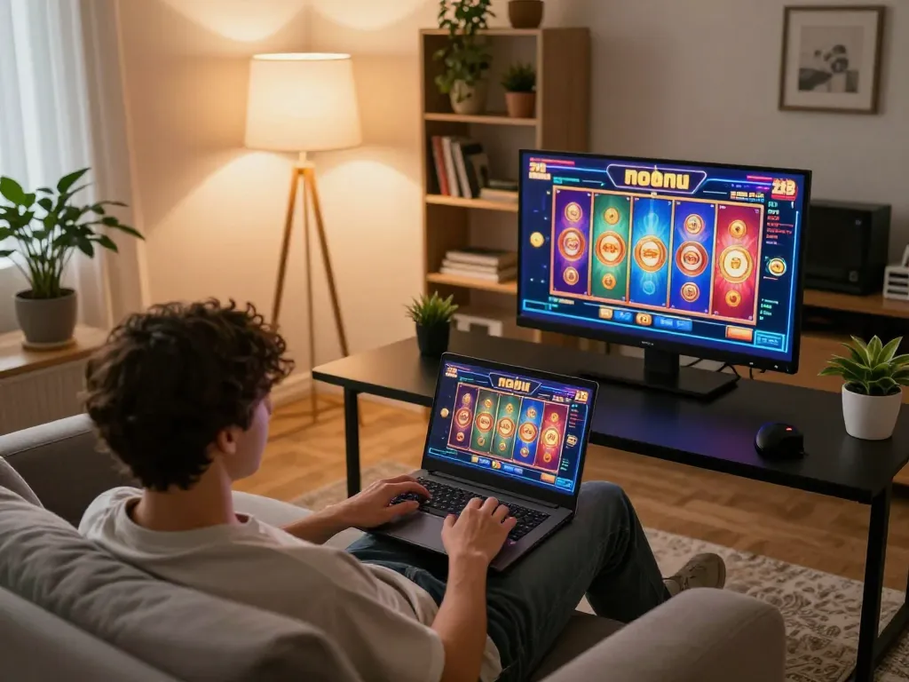 Engaging in exciting gameplay at nohu 28 online casino from a cozy modern living room.