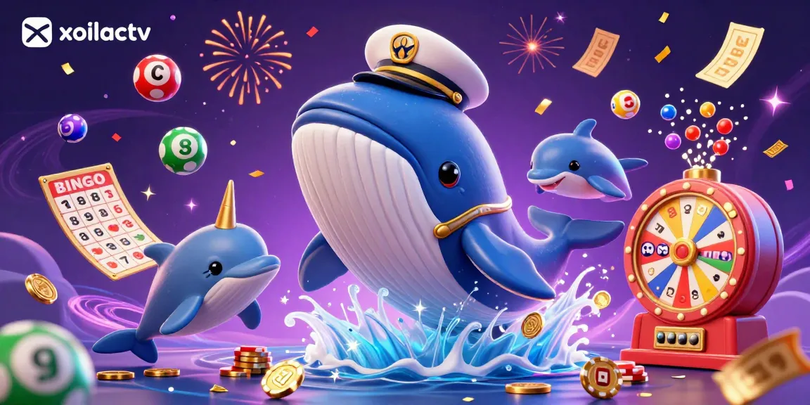 xoilactv engages players with a dazzling scene of a whale, narwhal, and dolphins amid vibrant casino elements.