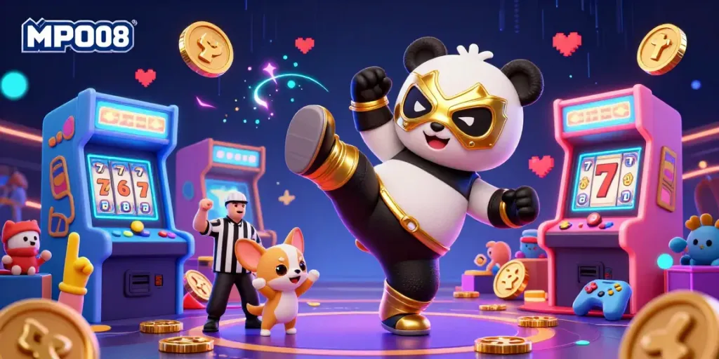 MPO08 showcases a lively casino scene with a wrestler panda and a chihuahua referee amidst slot game excitement.