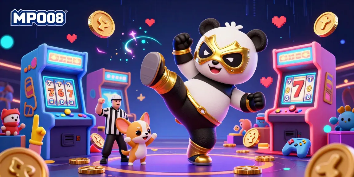 MPO08 showcases a lively casino scene with a wrestler panda and a chihuahua referee amidst slot game excitement.