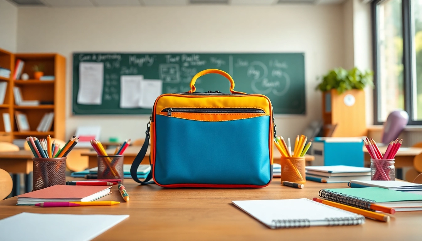 Hochwertige Handytasche Klassenzimmer sorgfältig auf einem Schreibtisch präsentiert mit Schulmaterialien.