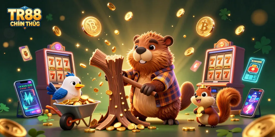 Experience the excitement of TR88 CHÍNH THỨC with a cartoon beaver and friends celebrating a jackpot in a vibrant casino scene.