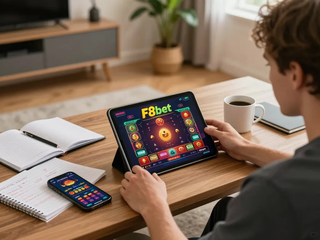 Player enjoying F8bet online casino game on tablet with betting strategies nearby.