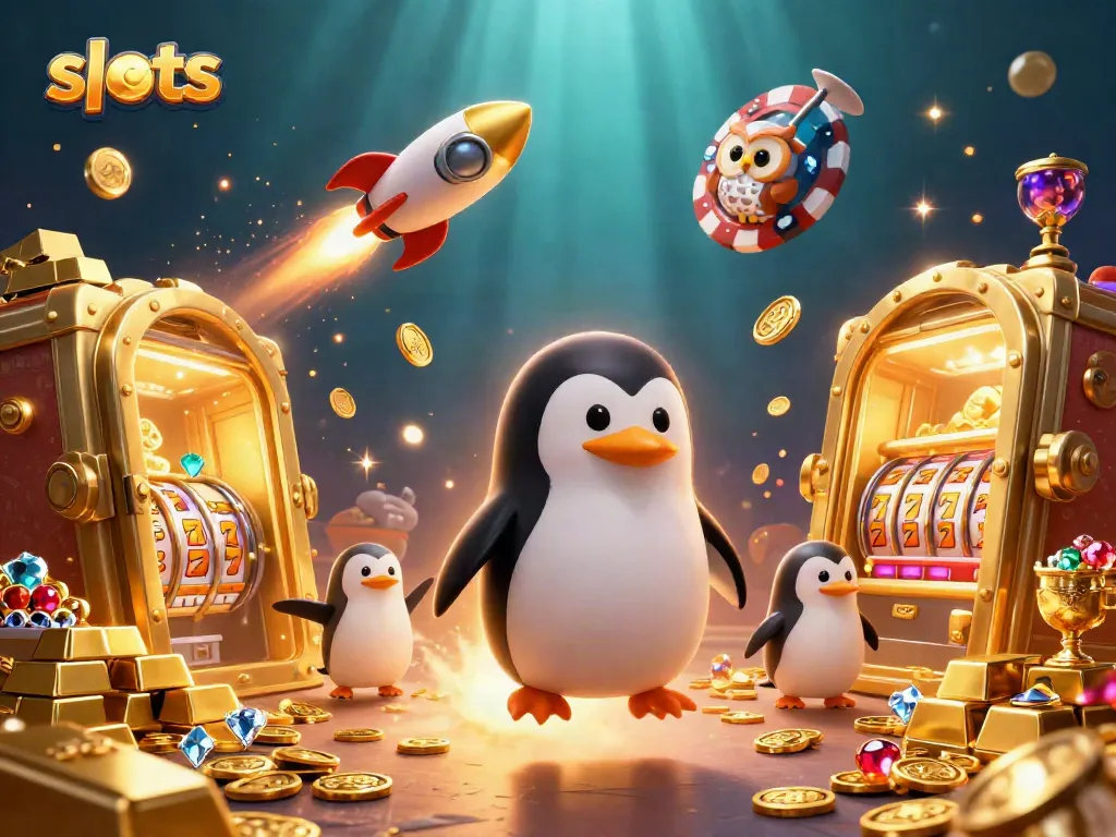 Experience thrilling slots action with a golden penguin, jackpot counters, and treasures bursting in a dynamic casino scene.
