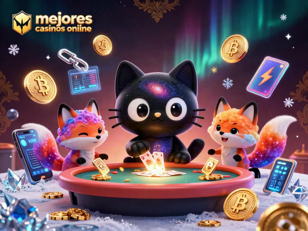 Explora los mejores casinos online con gatos cósmicos y elementos de criptomonedas brillantes.