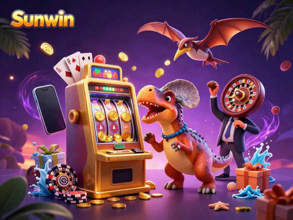 Sunwin casino scene with vivid characters and dynamic slot machine action