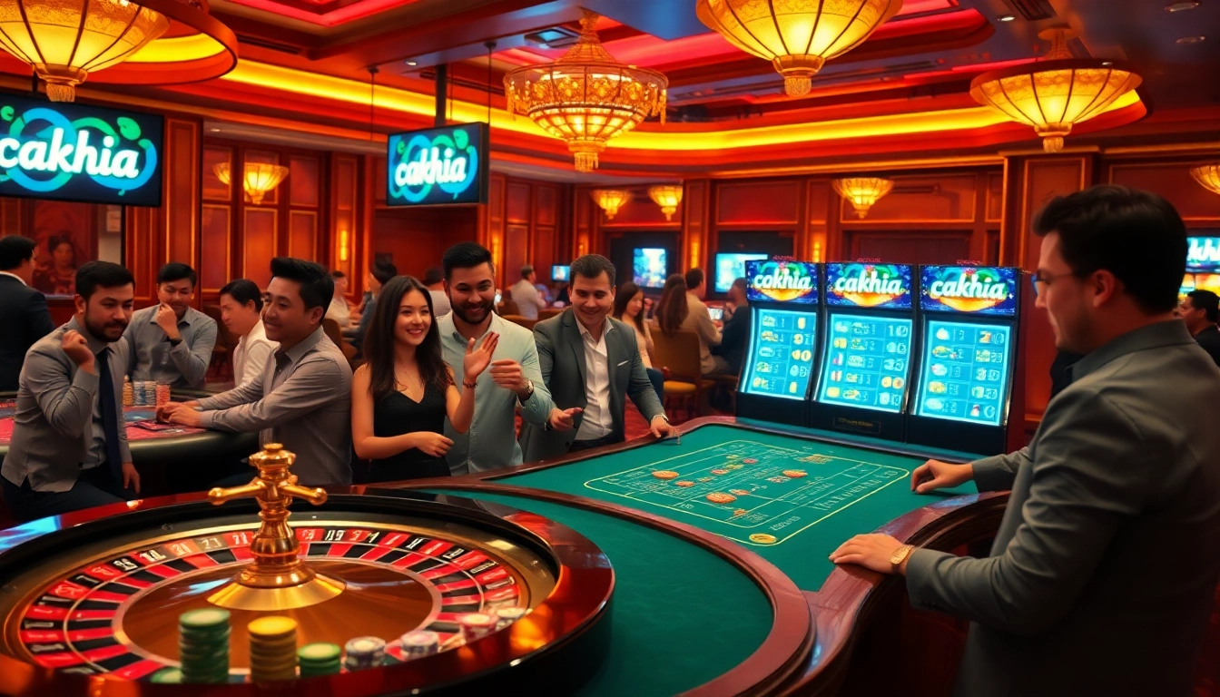 Gamblers enjoying high-stakes gaming experience at a vibrant casino with cakhia branding.