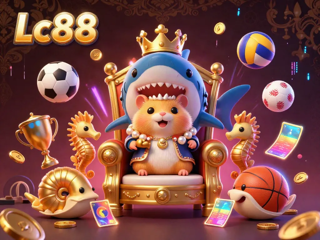 Experience Lc88 with a vibrant scene of a golden hamster king amidst dynamic sports elements, representing a thrilling gaming atmosphere.