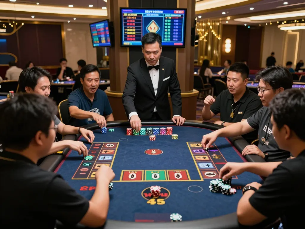 Tài xỉu MD5 game showcasing players betting energetically in a modern casino environment.